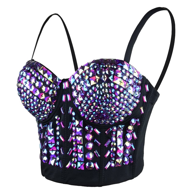 ELLACCI Women's Sexy Rhinestone Bustier Crop Top Club Party Glitter Corset Top Bra Purple Medium - Image 1
